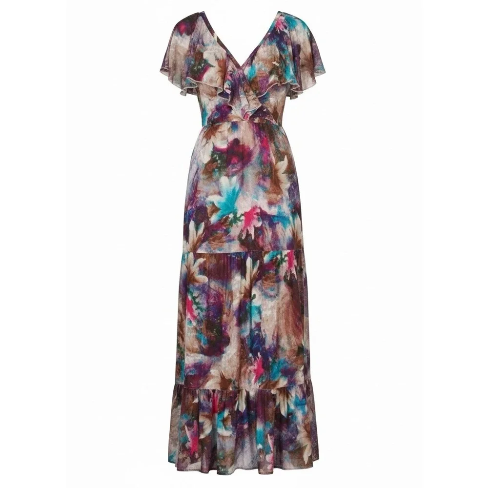 Soft Surroundings Size Medium Italian Dreams Purple Botanical Tiered Maxi Dress